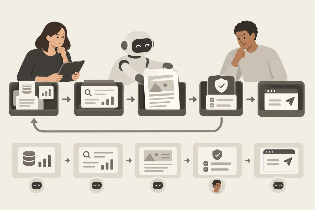 Strategist SEO che supervisiona un agente AI tra ricerca, verifica e pubblicazione