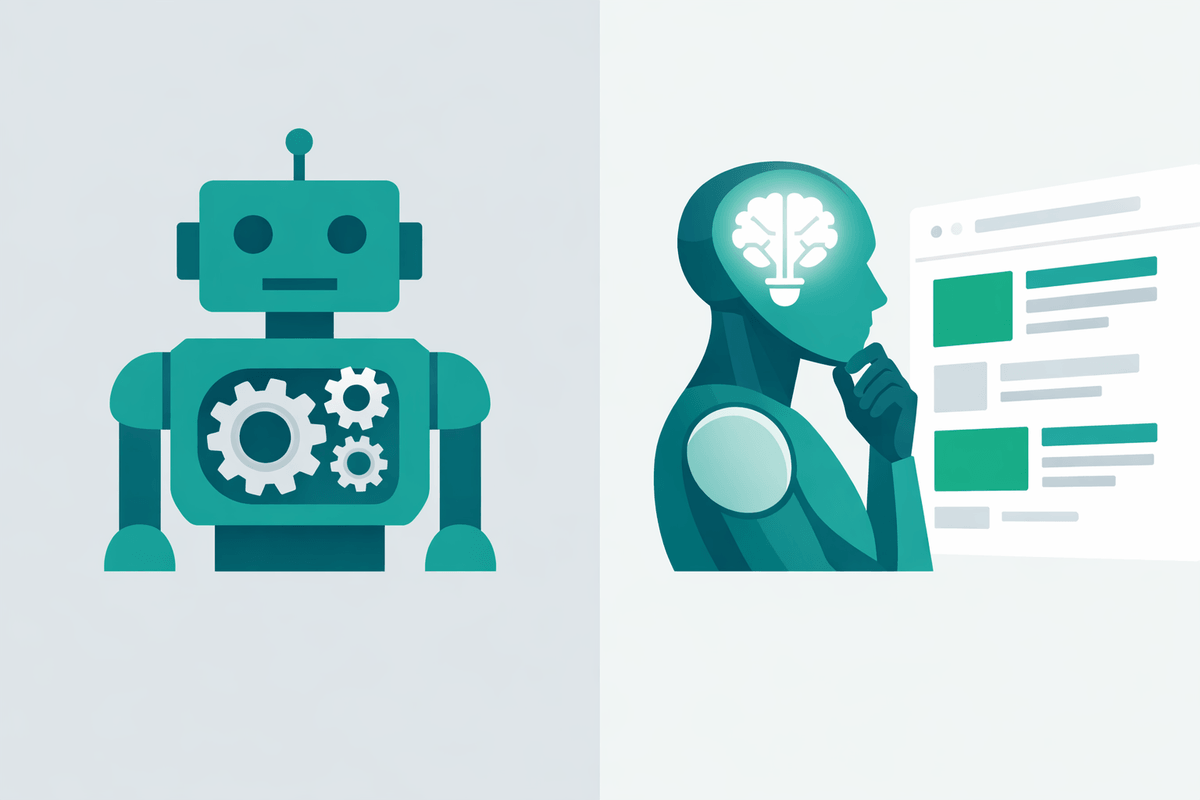 Comparison of traditional SEO automation robot and thinking AI agent analyzing SERP for SEO