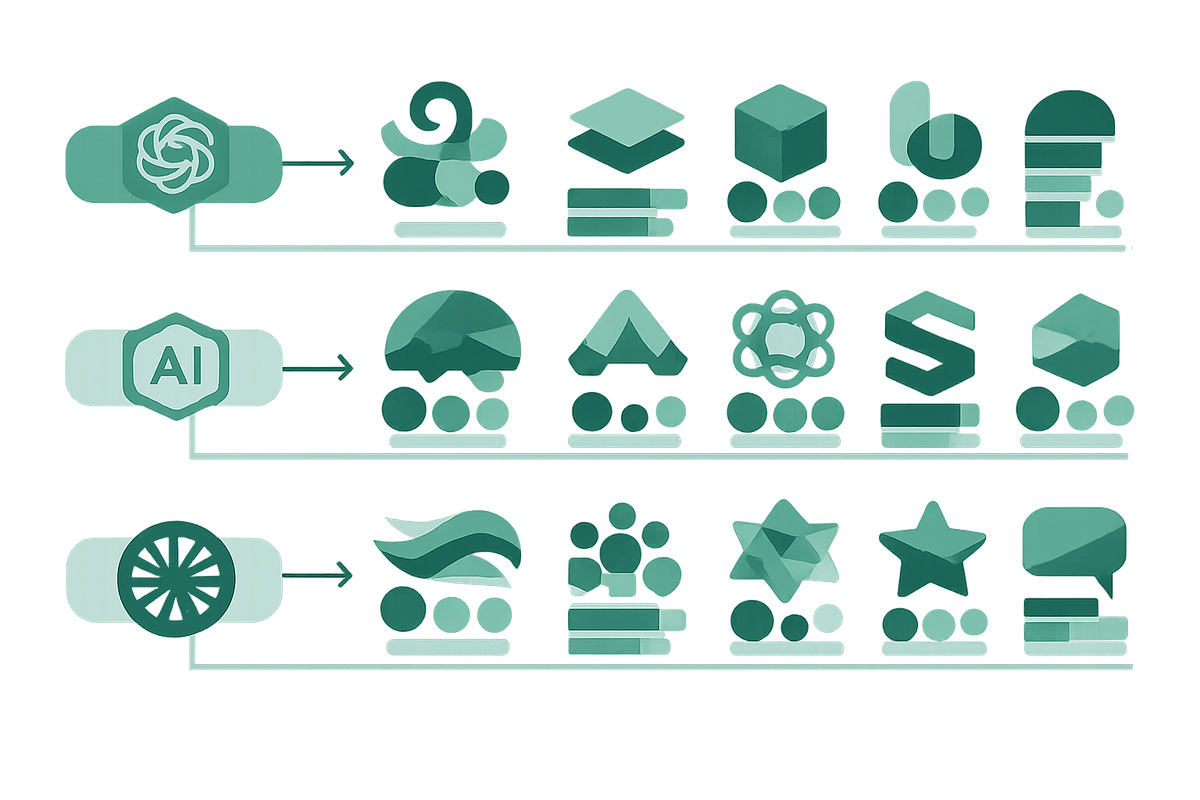 Illustration of multiple competitor logos compared across AI platforms with mention share badges for AI citation tracking