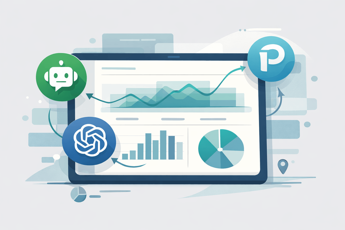 Editorial illustration of GA4 acquisition reports highlighting AI referral domains for AI citation tracking