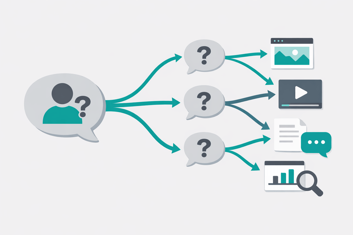 Illustration of AI engines splitting one user question into many sub-questions pulling sources from the web for AI citation t