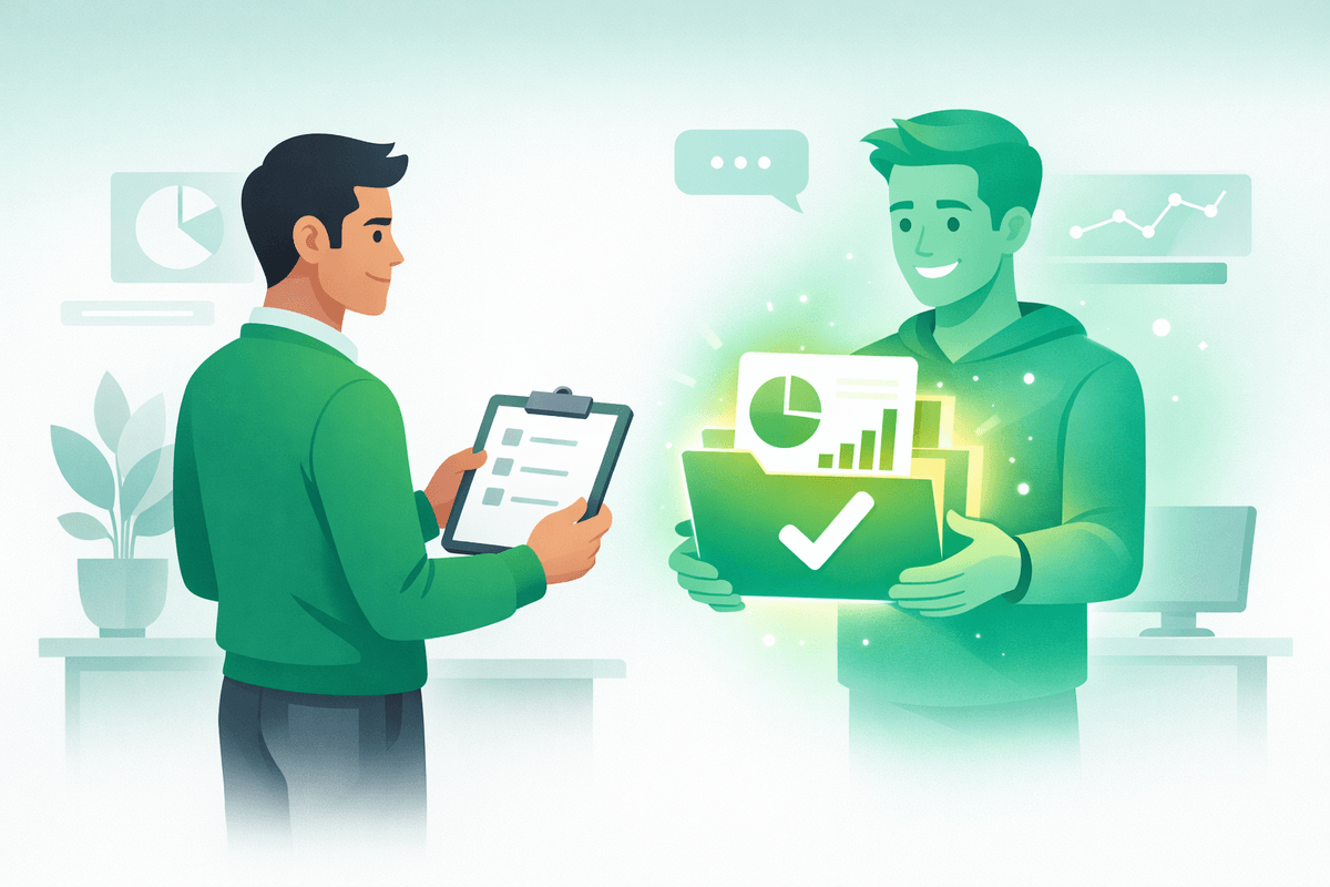 Marketer handing a checklist to AI marketing teammates who return completed tasks and reports
