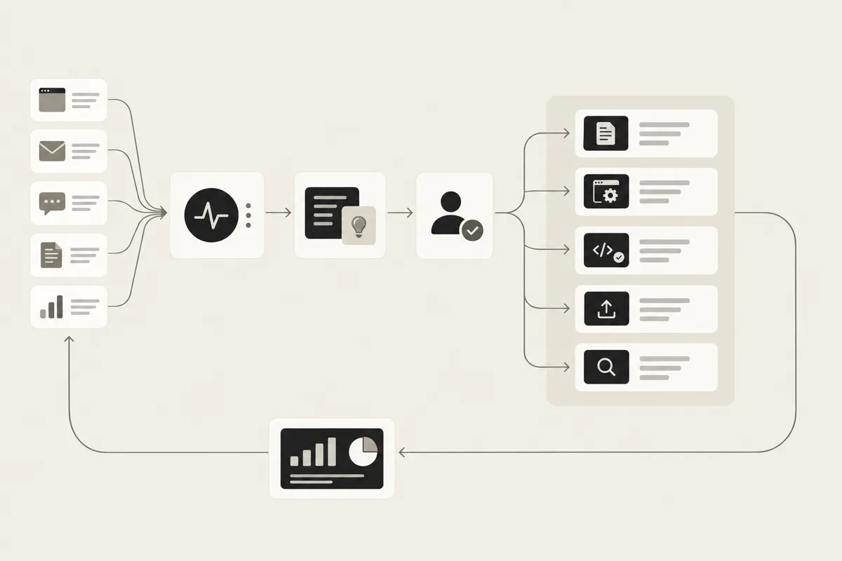 Continuous AI marketing workflow from visibility monitoring through approval, publishing, and impact reporting.