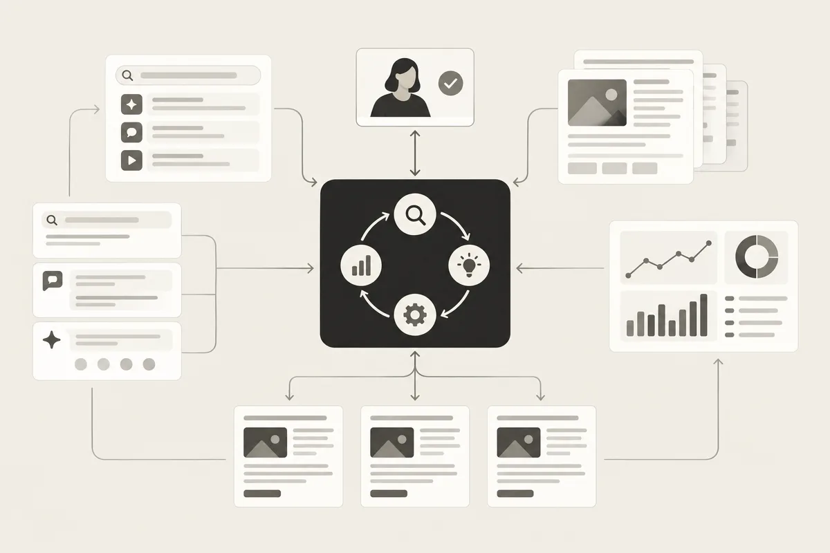 Diagram of an autonomous marketing layer monitoring, executing, and reporting across AI search surfaces.