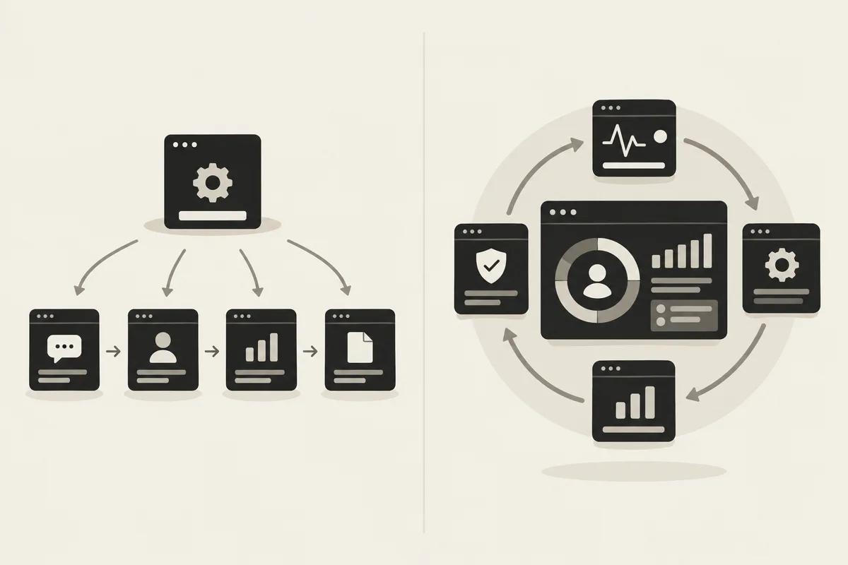 Visual comparison of a disconnected AI marketing tool and an autonomous teammate with guarded end-to-end ownership.
