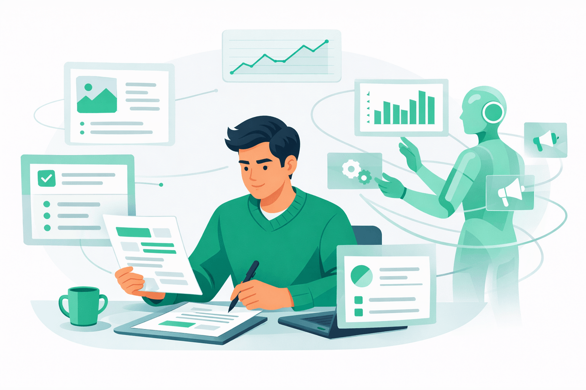 Marketer as editor-in-chief overseeing drafts and dashboards while AI marketing teammates execute tasks
