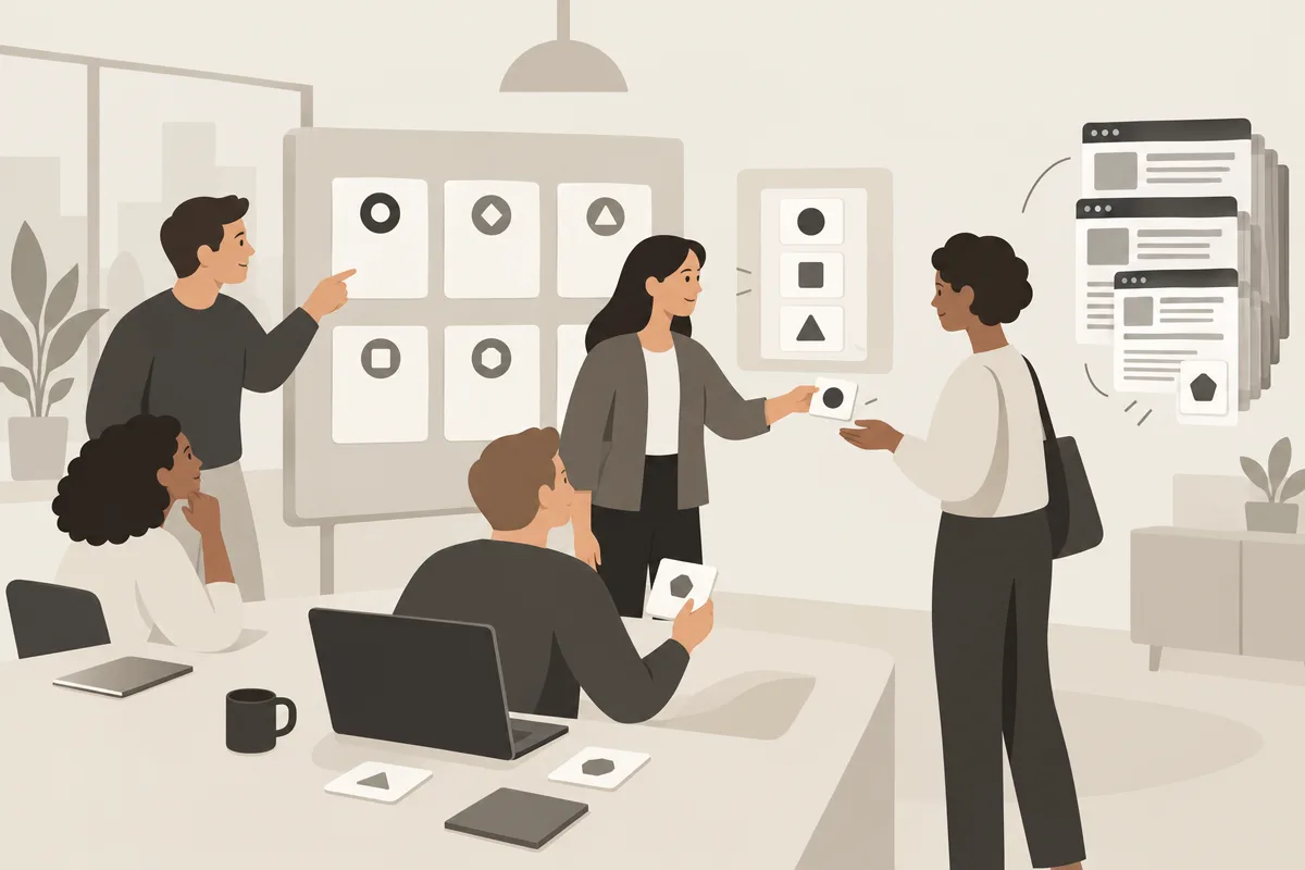 B2B team studies an AI-generated vendor shortlist while one visible web brand is left out.