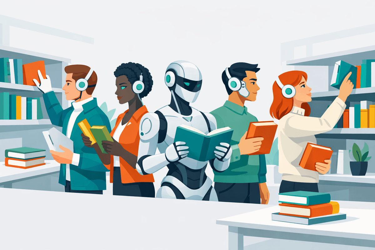 Cinque personaggi librari AI diversi che selezionano libri diversi per illustrare l'analisi delle menzioni di brand e dei gap di fonti nella ricerca AI
