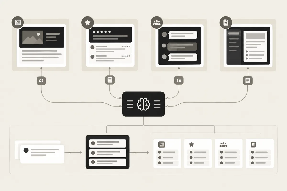 Wordless process diagram maps prompts to AI answers, mentions, citations, and categorized source gaps.