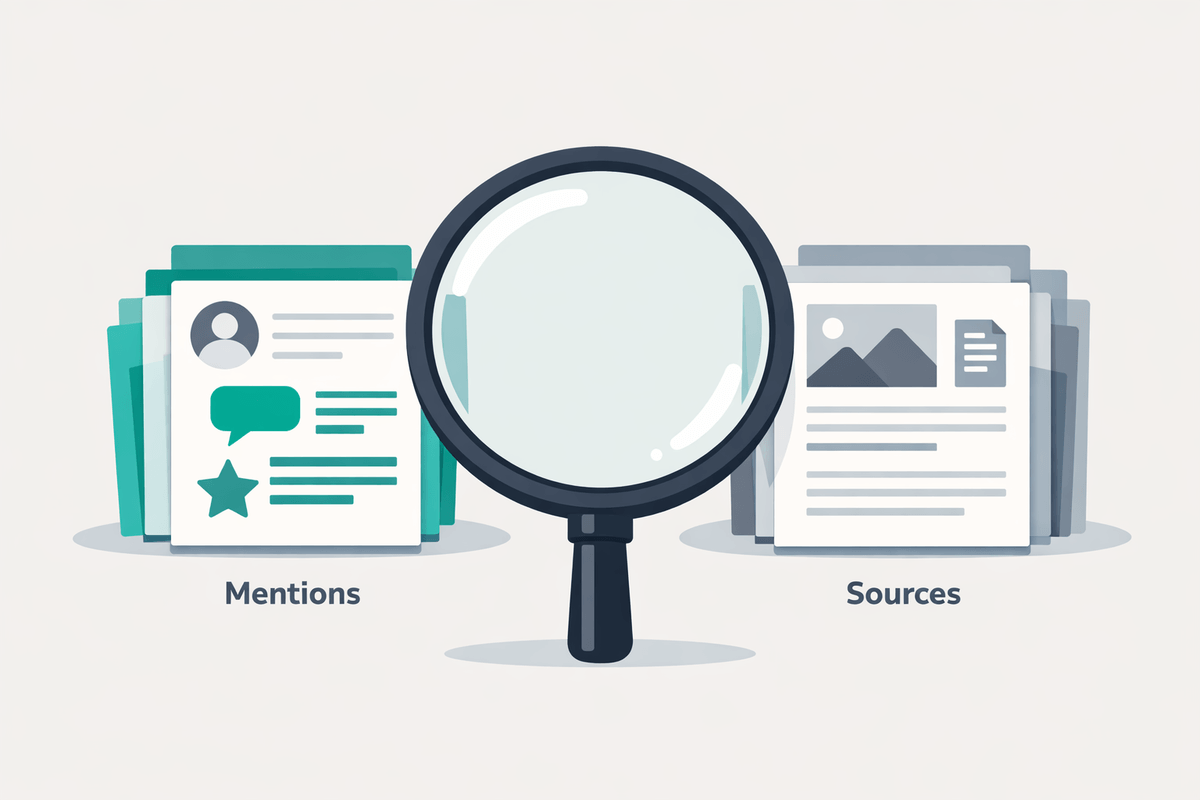 Lente d'ingrandimento che separa le menzioni di brand dalle fonti nelle pagine web per l'analisi delle menzioni di brand e dei gap di fonti nella ricerca AI