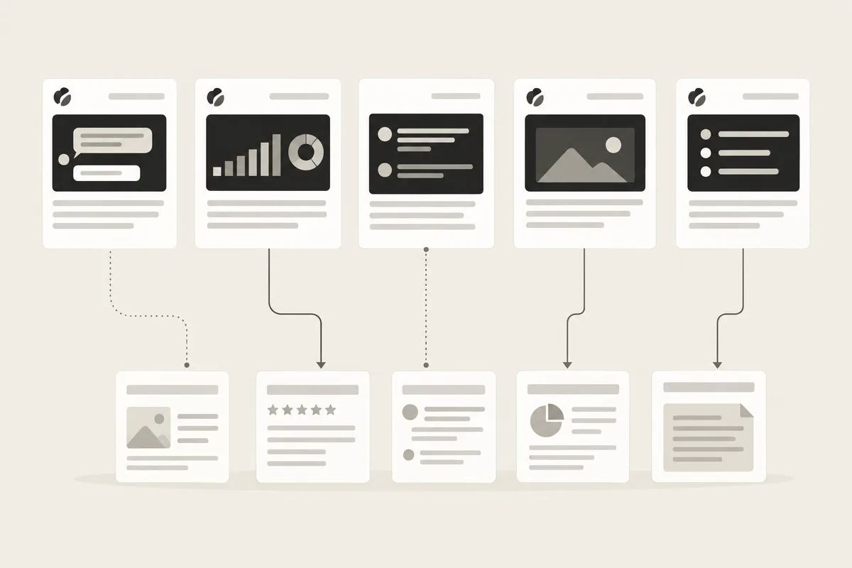 Wordless diagram comparing brand mentions, retrieved sources, and citations across AI search answers.