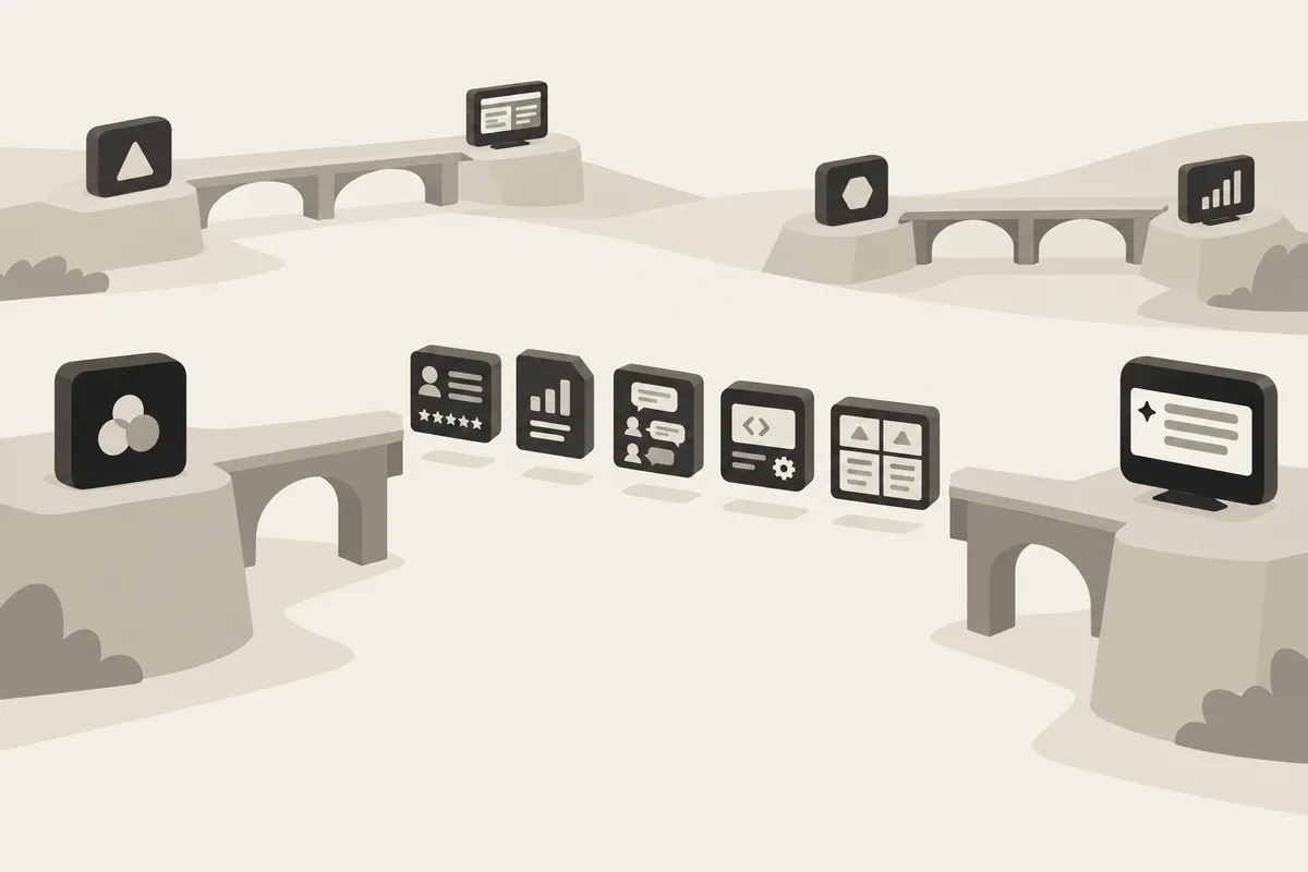 A broken bridge shows missing review, authority, community, and content-format sources blocking AI citations.