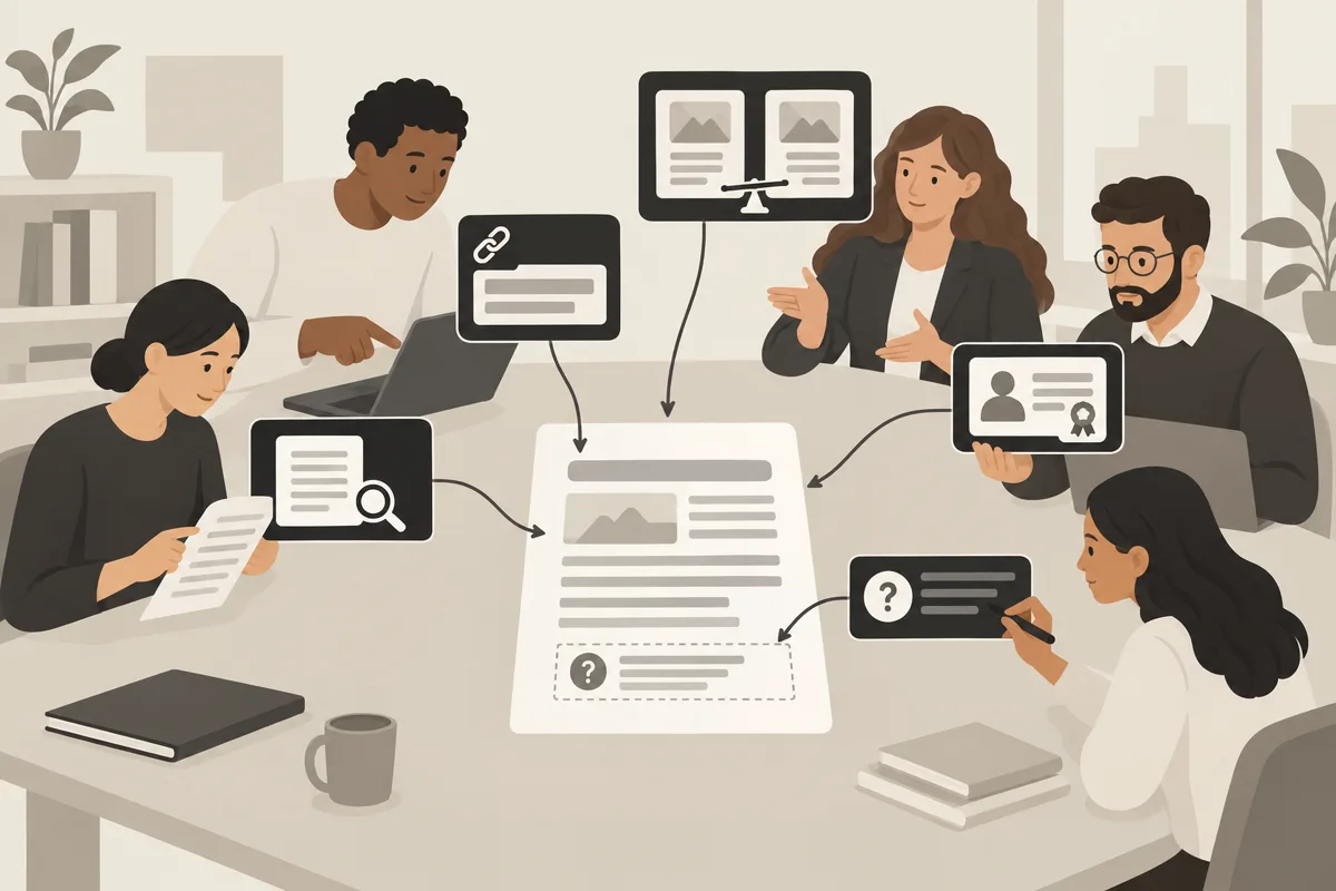 Un team editoriale prepara un articolo citabile verificando fatti, fonti, equilibrio, competenza e incertezza.