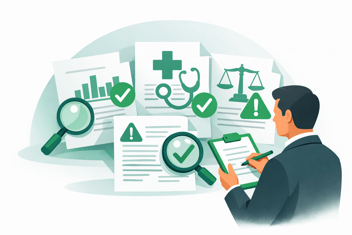 Editorial illustration of regulated industry documents checked for citations in Claude AI optimization