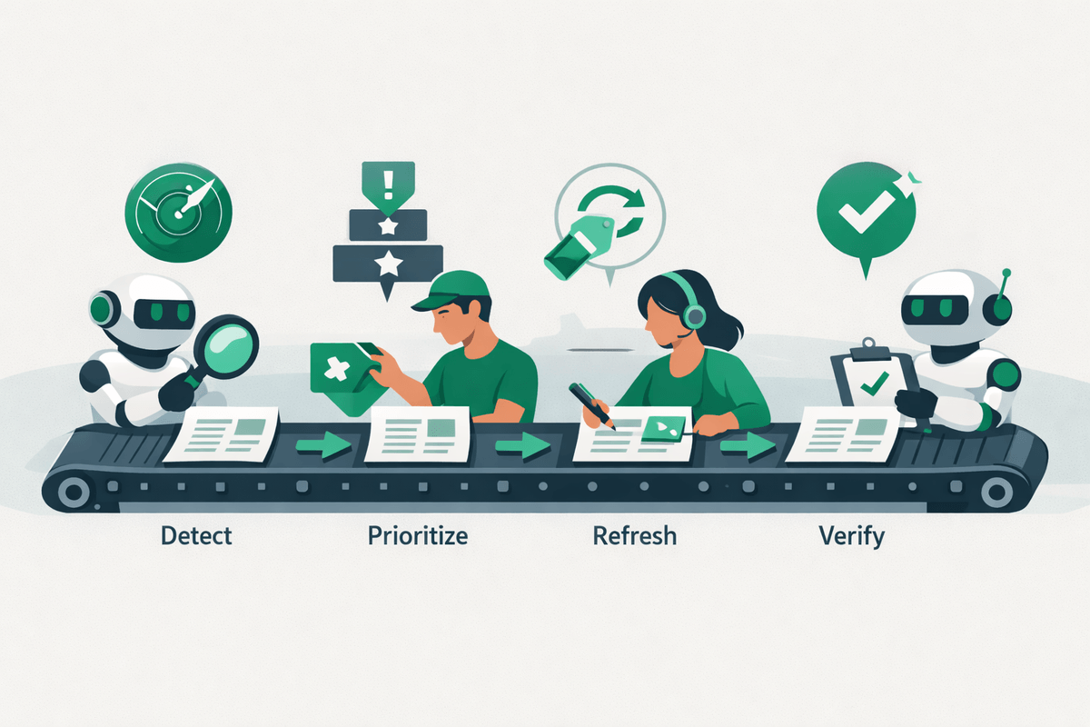 Illustrazione del workflow di recupero automatico del ranking con un nastro trasportatore che muove le pagine attraverso rilevamento, prioritizzazione, aggiornamento e verifica
