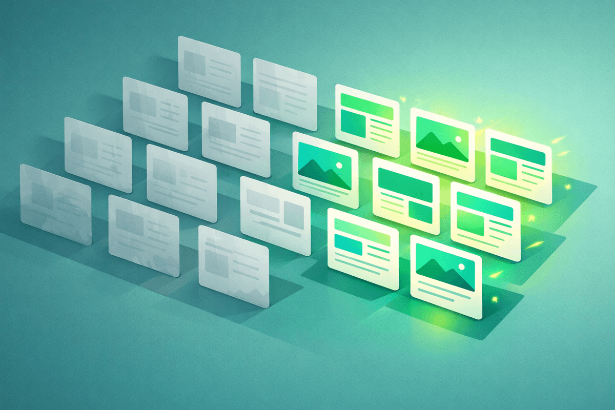 Illustrazione di una libreria di contenuti con pagine vecchie che sbiadiscono e pagine nuove luminose che mostrano il decadimento e il recupero dei contenuti