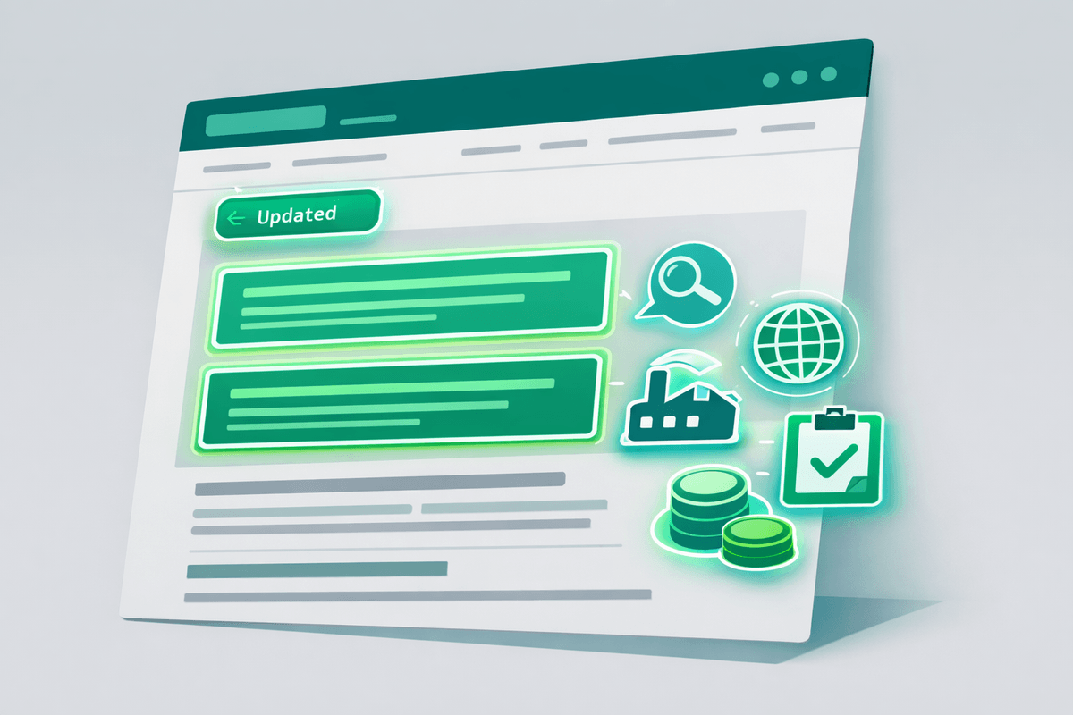 Illustrazione del layout della pagina con blocchi di risposta evidenziati, callout delle entità e data di aggiornamento visibile per il recupero dal decadimento dei contenuti