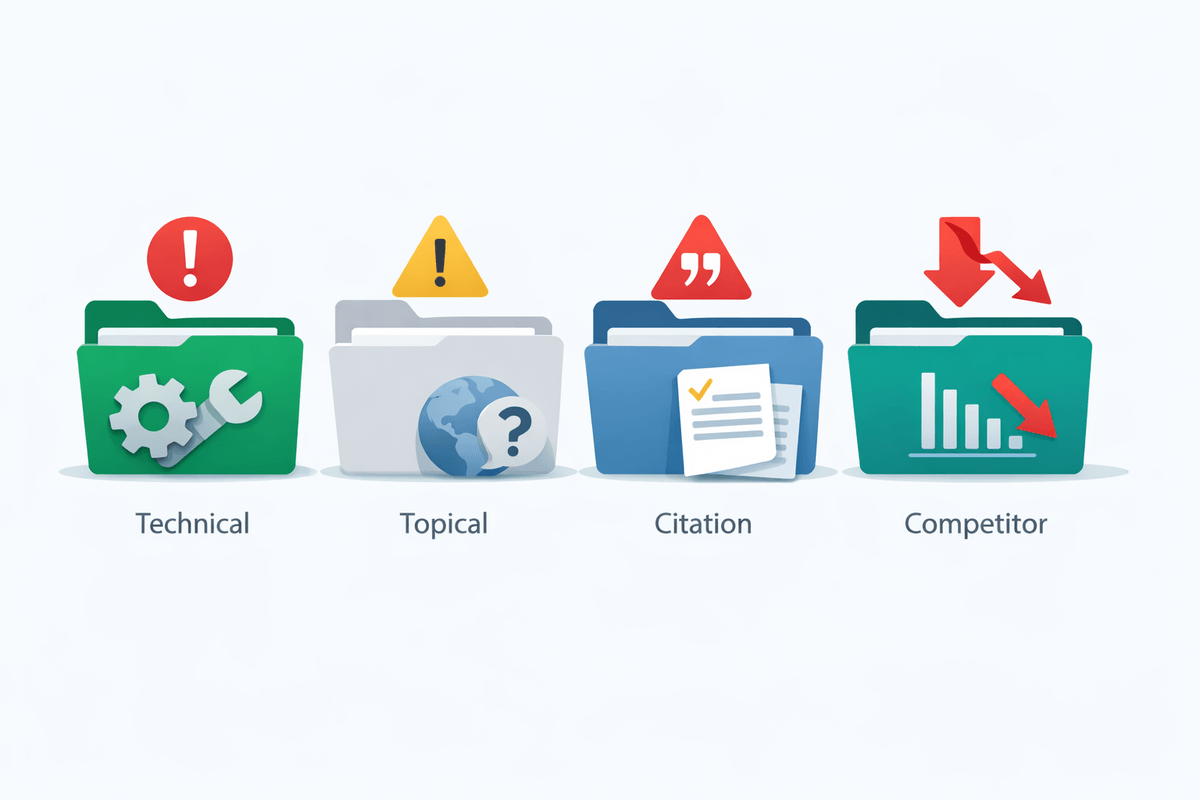 Illustrazione di quattro cartelle etichettate decadimento tecnico, tematico, citazioni e concorrenti con icone di avvertimento che mostrano il decadimento e il recupero dei contenuti