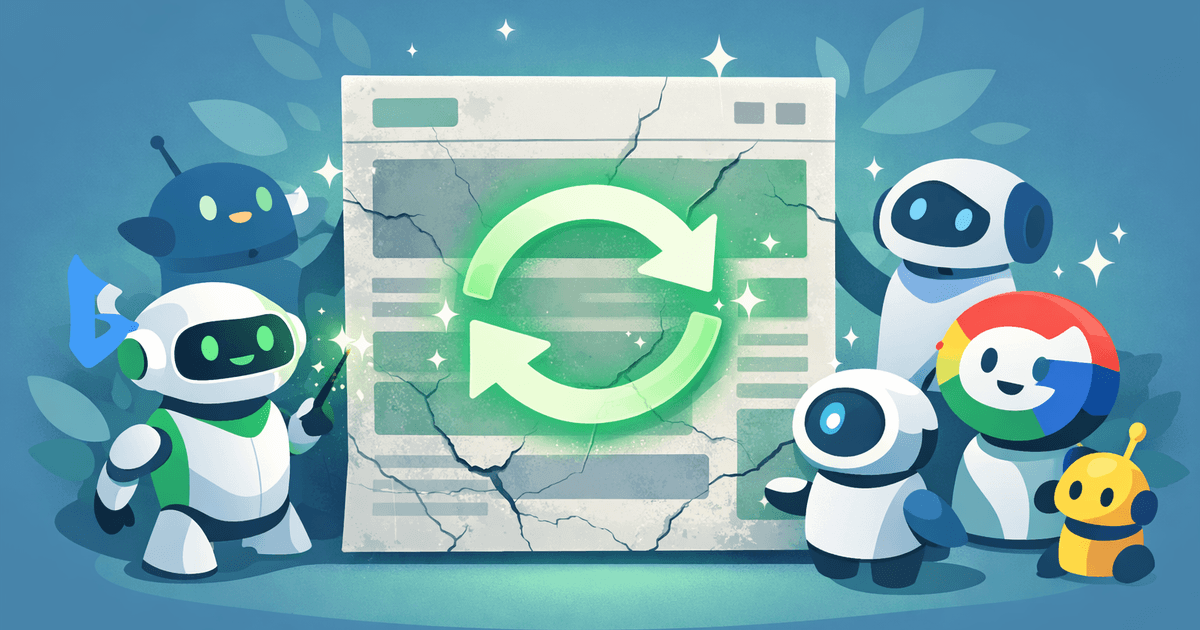 Illustrazione editoriale di una pagina web che invecchia e viene aggiornata dagli assistenti AI, mostrando il decadimento dei contenuti e il recupero automatico del ranking