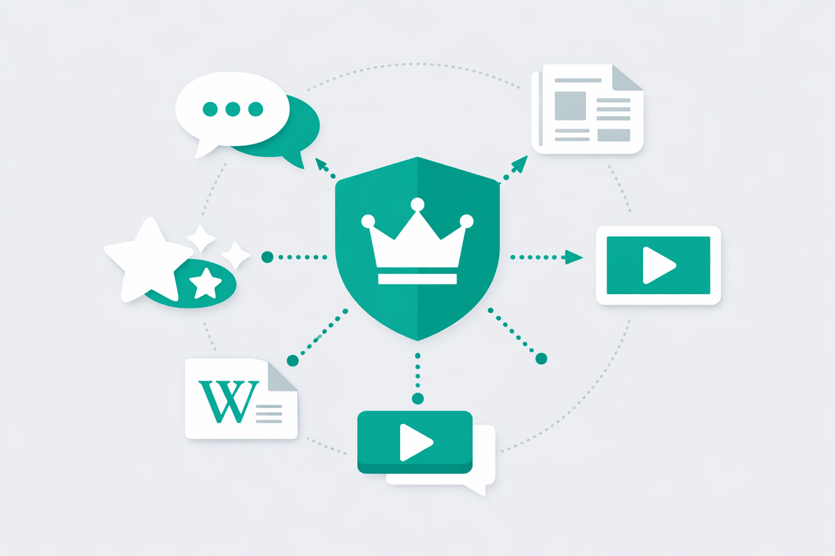 Illustration of brand authority assembled from reviews, forums, and media in a generative engine optimization guide
