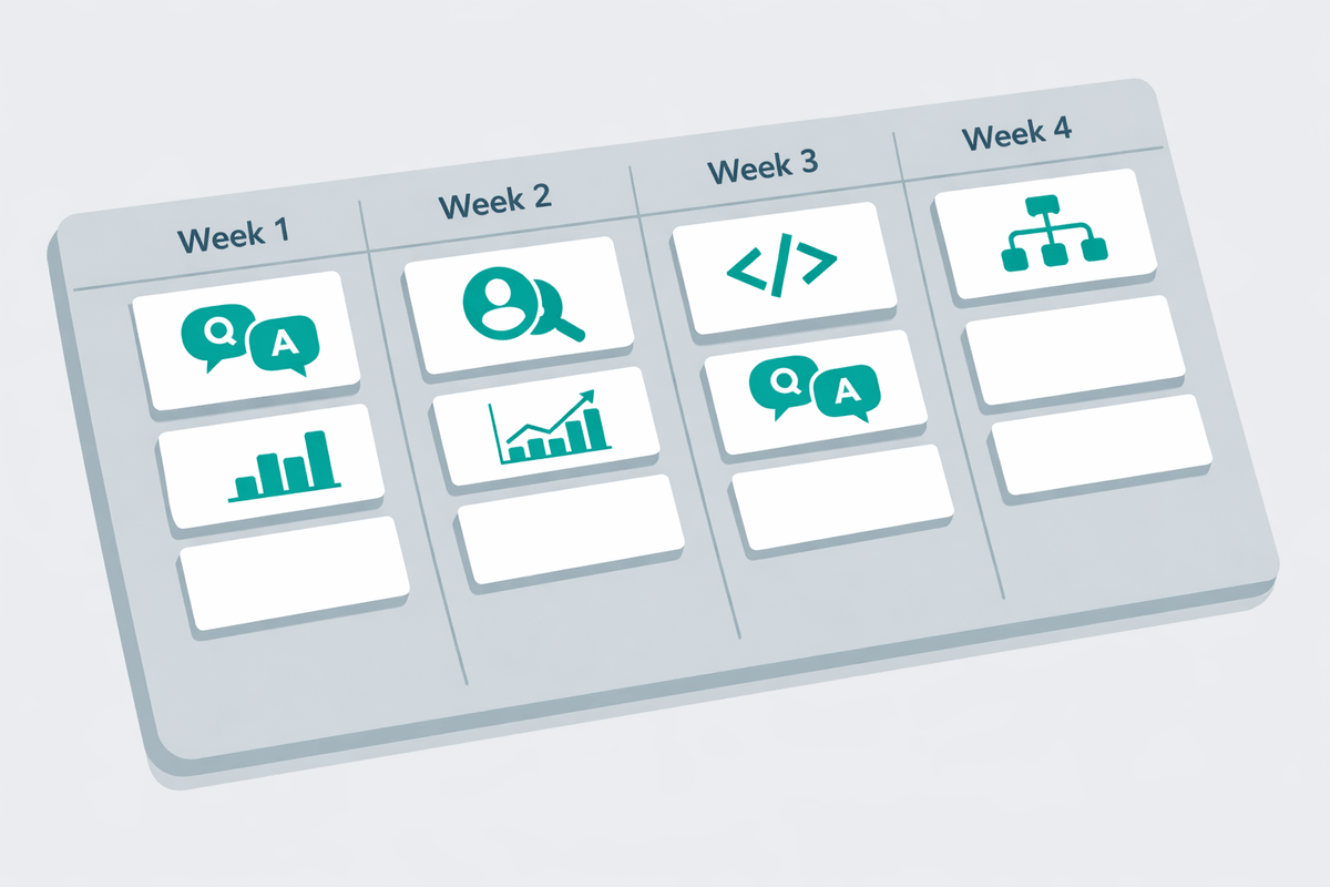 Illustration of a 4-week generative engine optimization sprint board with tasks and milestones