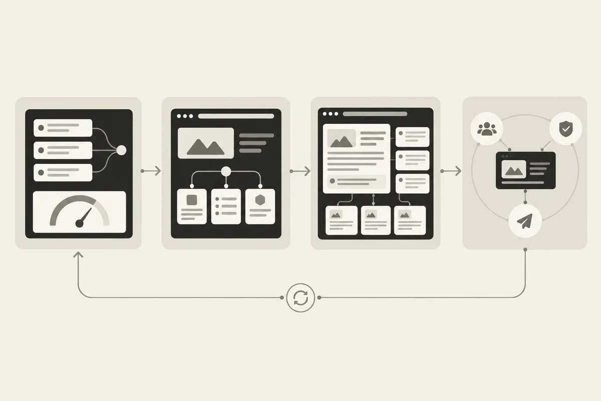 Four-stage GEO roadmap from visibility audit to technical fixes, content updates, and authority building.