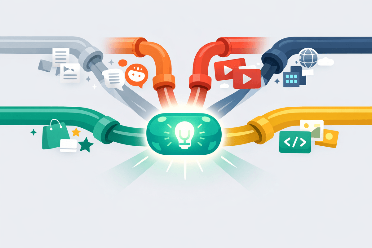Illustration of multiple AI data pipelines converging into one answer in a generative engine optimization guide