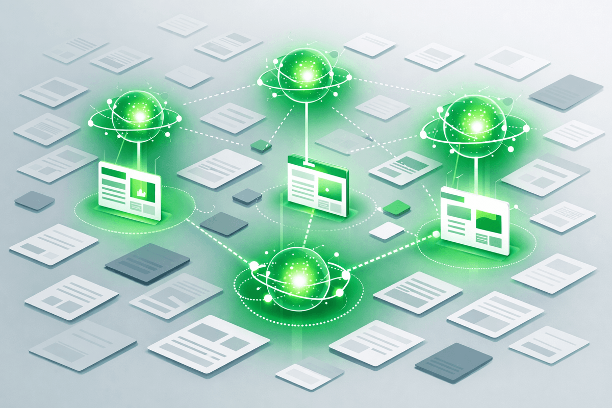 Editorial illustration of AI engines selecting key enterprise web pages representing citation slots for GEO for B2B enterpris