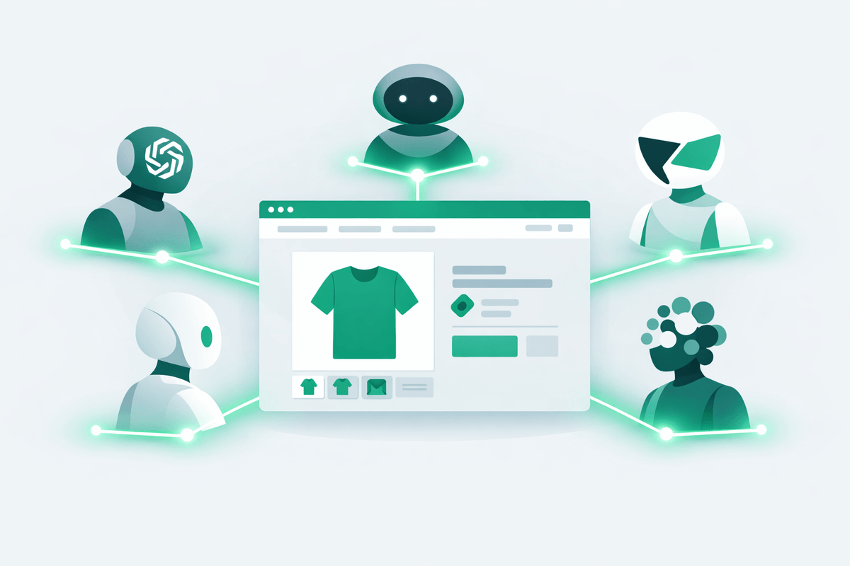 E-commerce product page connected to multiple AI assistants for GEO for e-commerce recommendations