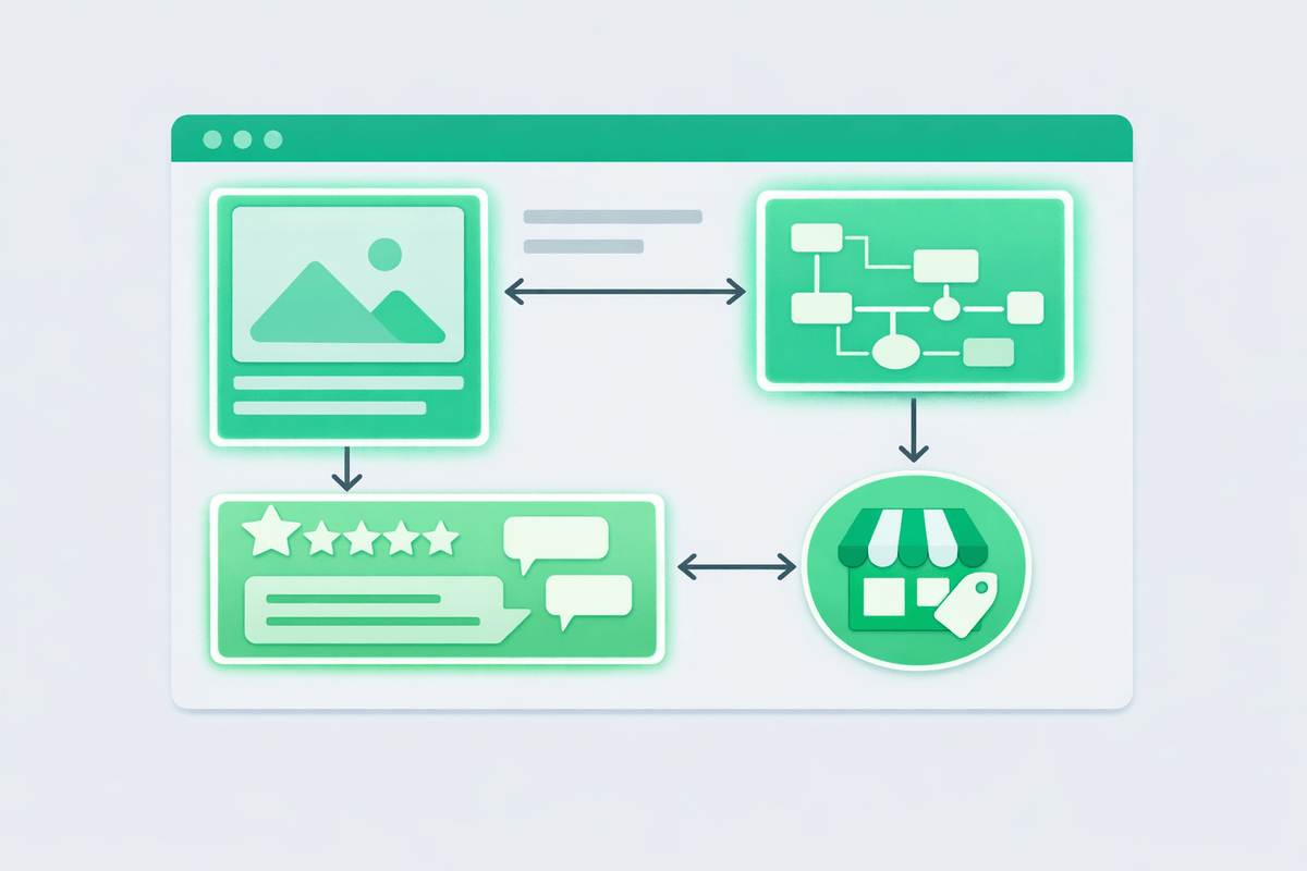 Diagram of a product page showing specs, schema markup, reviews, and merchant feed for GEO for e-commerce