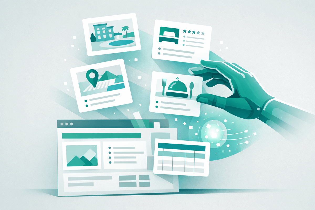 Webpage breaking into citation-ready content cards for AI in GEO for hotels and hospitality