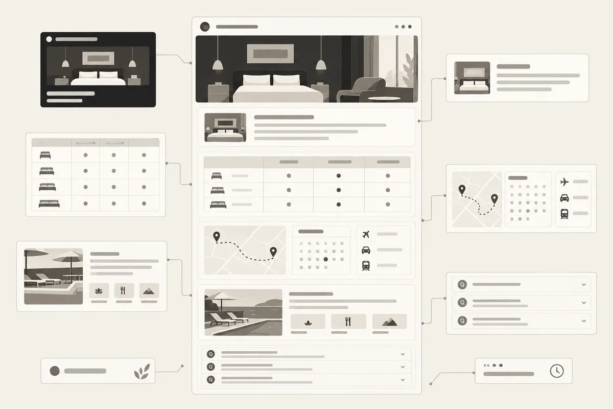A hotel page is built from extractable answer, comparison, logistics, experience, and FAQ modules
