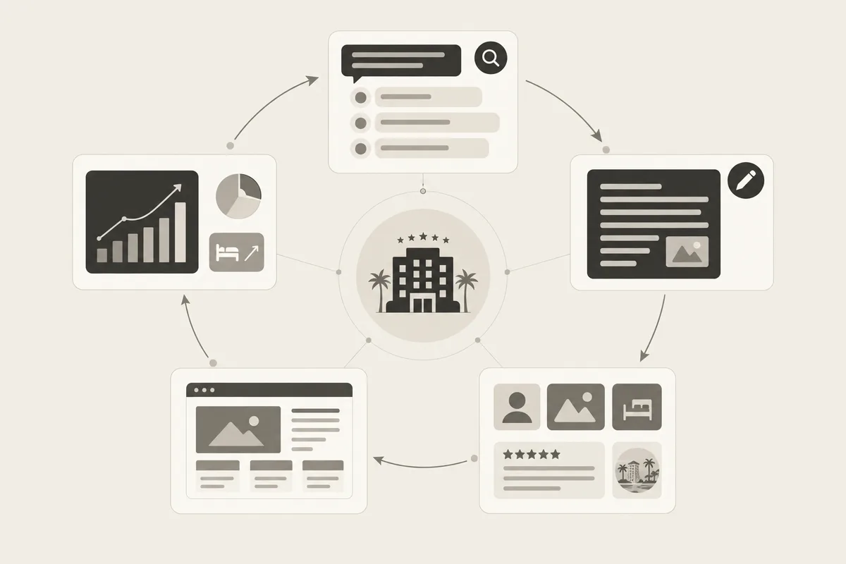 A circular GEO workflow maps travel questions, builds trusted content, structures pages, and measures citations