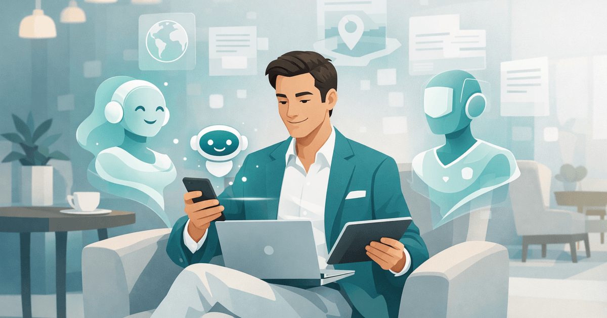 Luxury traveler consulting multiple AI assistants for hotel recommendations in GEO for hotels and hospitality