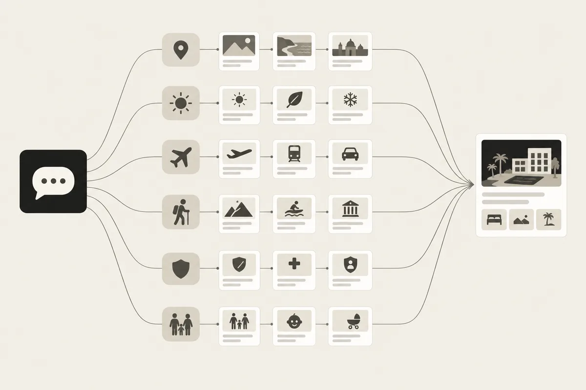 A travel question fans out into destination, season, access, safety, and hotel research paths