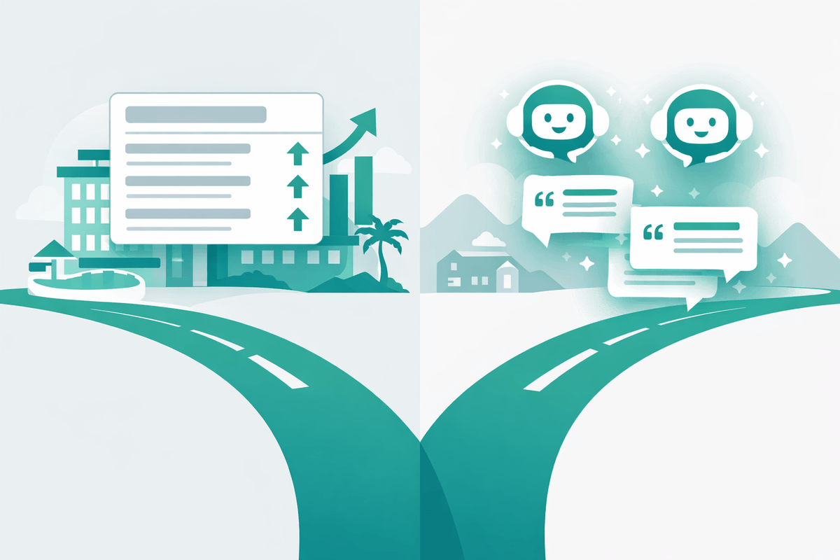 Two paths illustrating traditional SEO versus AI citation focus in GEO for hotels and hospitality