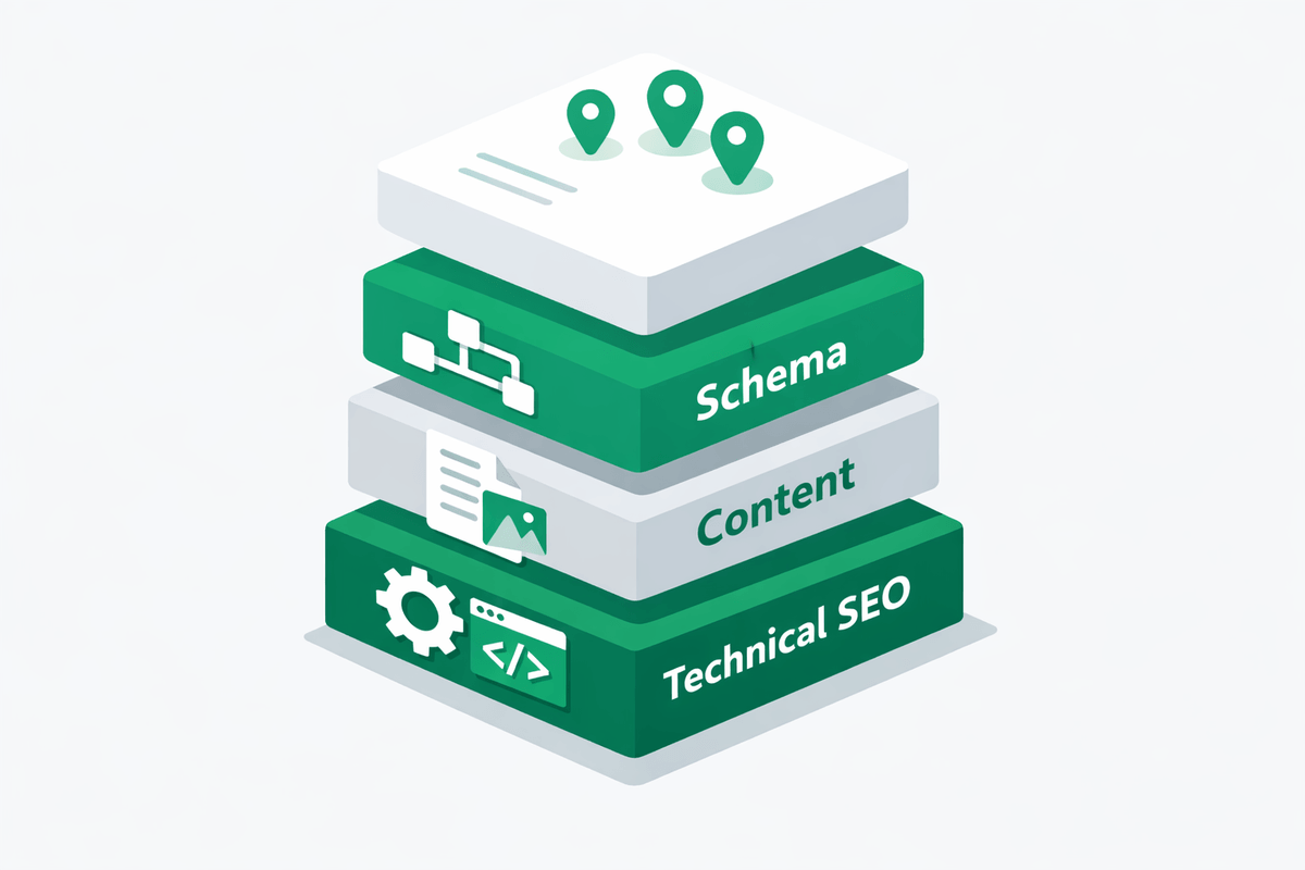 Layered stack illustration showing SEO foundations topped by GEO citation layer in GEO vs SEO content strategy