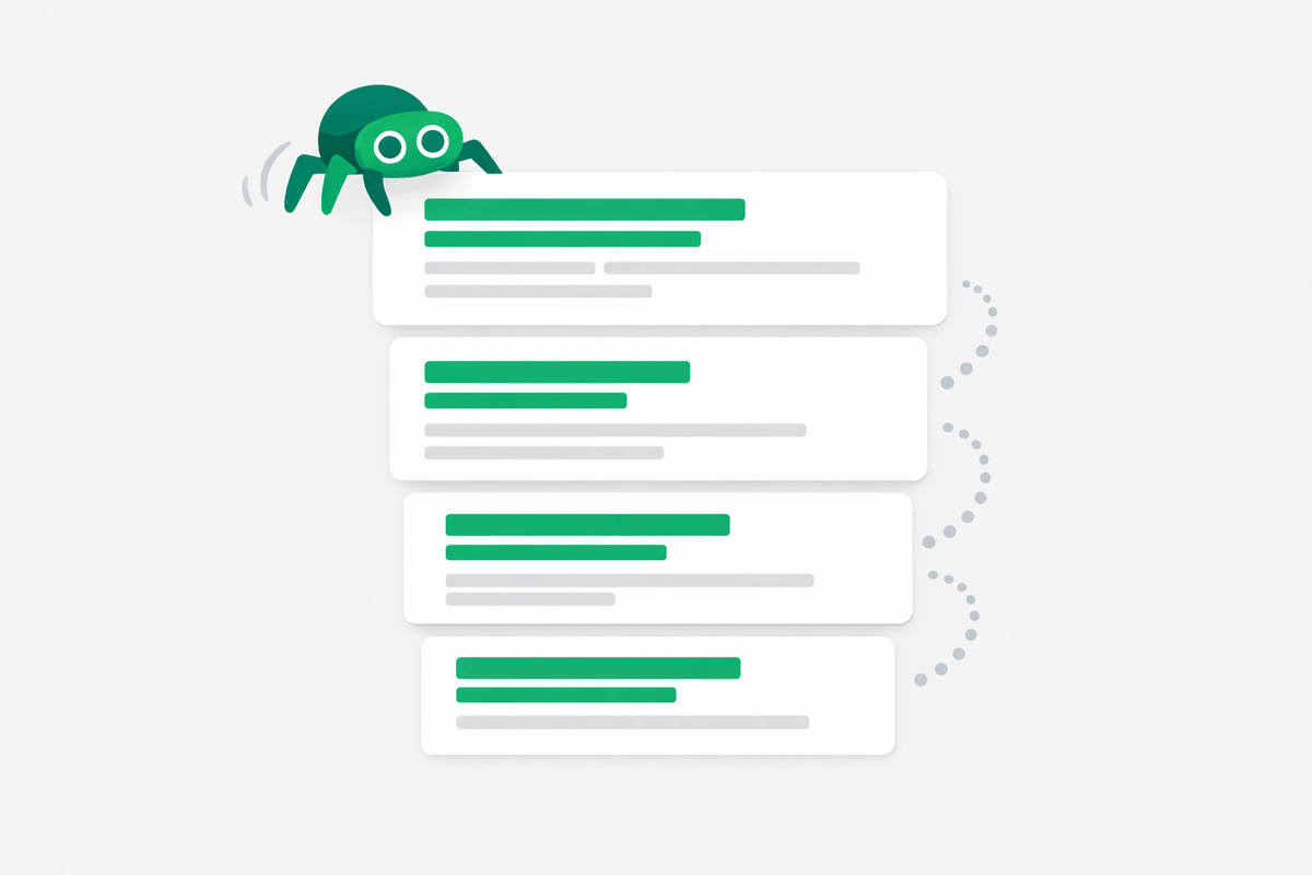Illustration of a search results page with highlighted snippets and a crawling bot showing SEO process in GEO vs SEO context