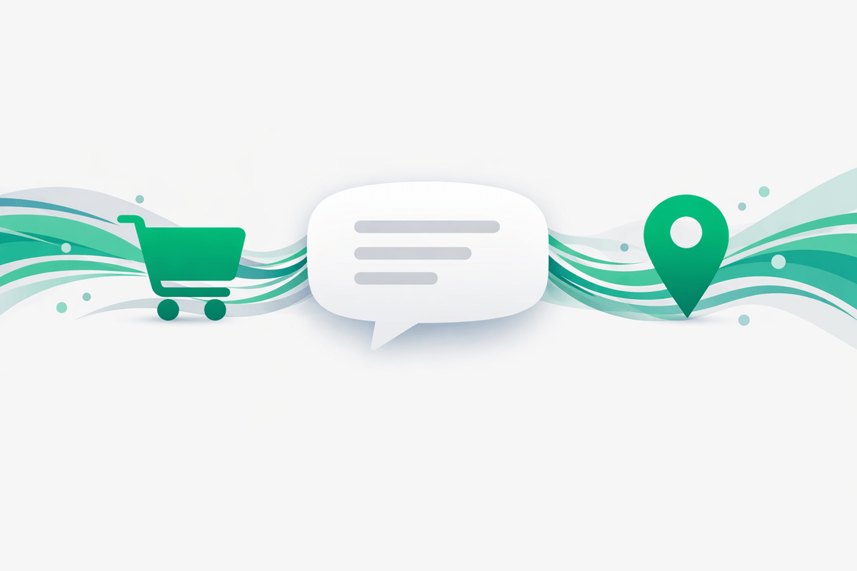 Shopping cart and map pin icons pulled into a chat answer representing commerce and local discovery in Google AI Mode optimiz
