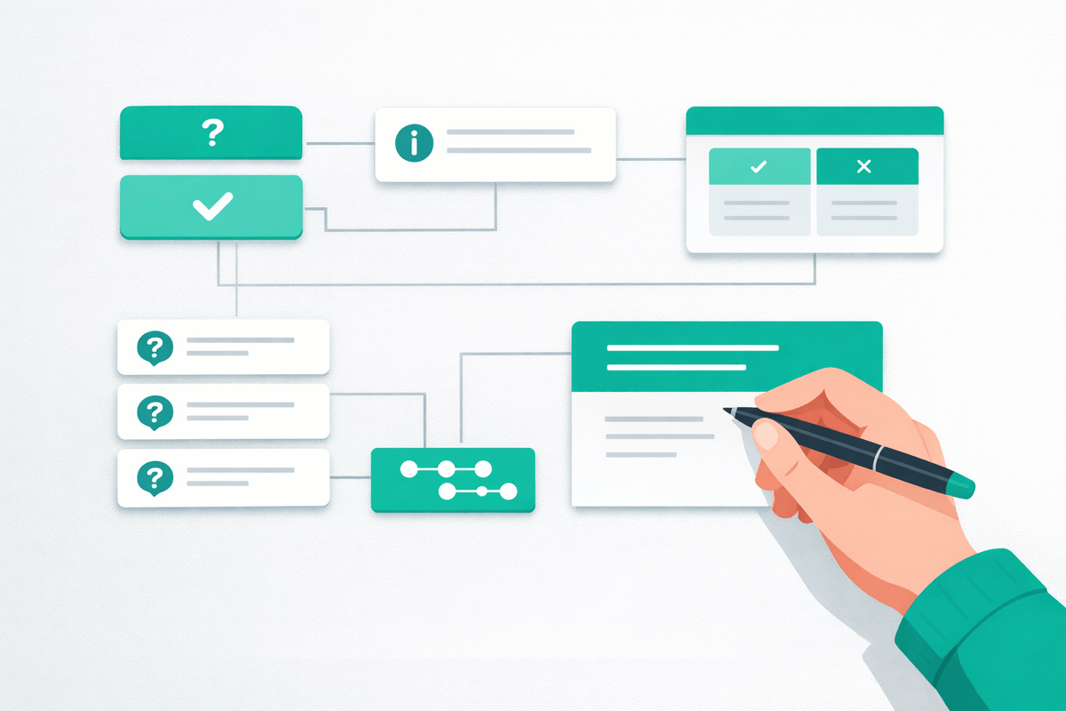 Webpage blueprint with modular blocks like answer capsules, definitions, comparison tables, and FAQ for AI optimization
