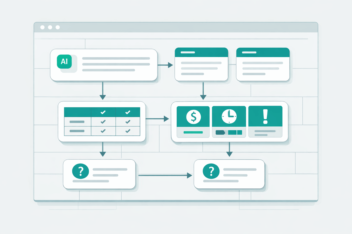 Webpage blueprint with modular blocks like answer capsules, comparison tables, and FAQs for Google AI Mode optimization