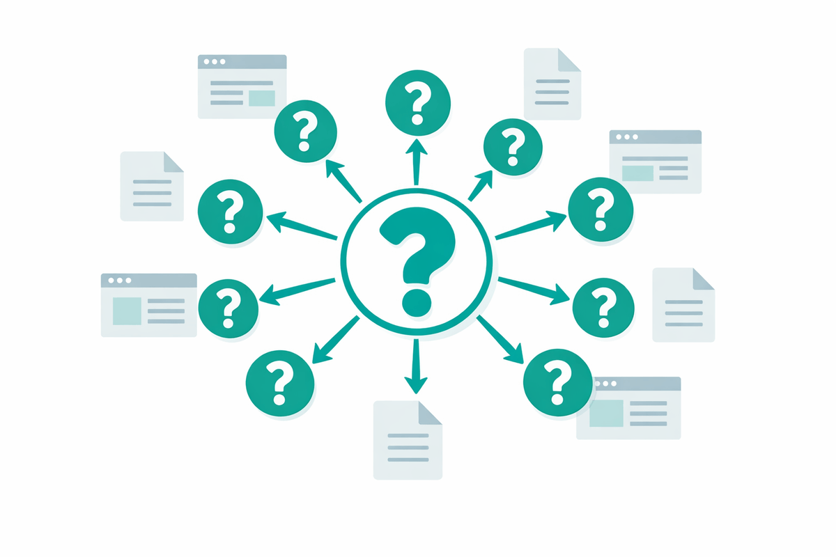 Conceptual fan-out burst where one question splits into many smaller questions searching multiple web pages