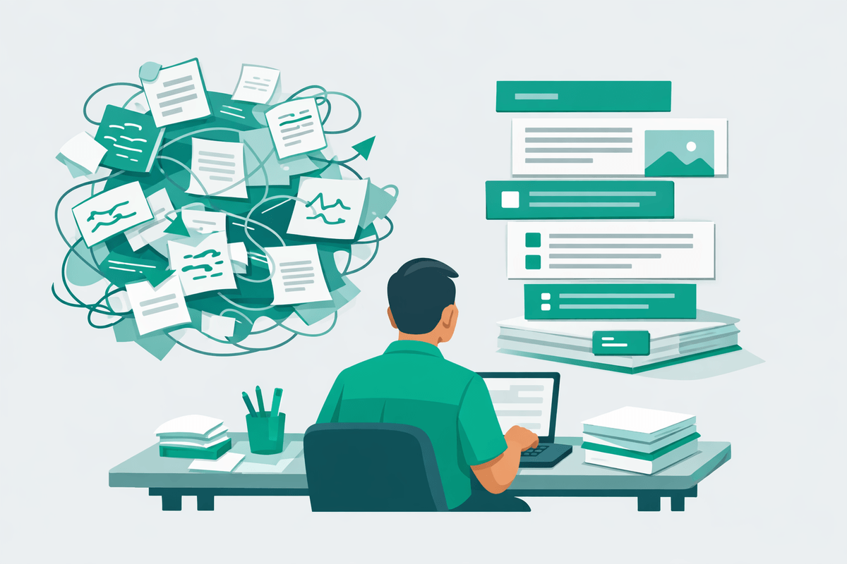 Illustration of a content editor organizing a messy draft into a structured, citation-ready page for google ai overviews opti