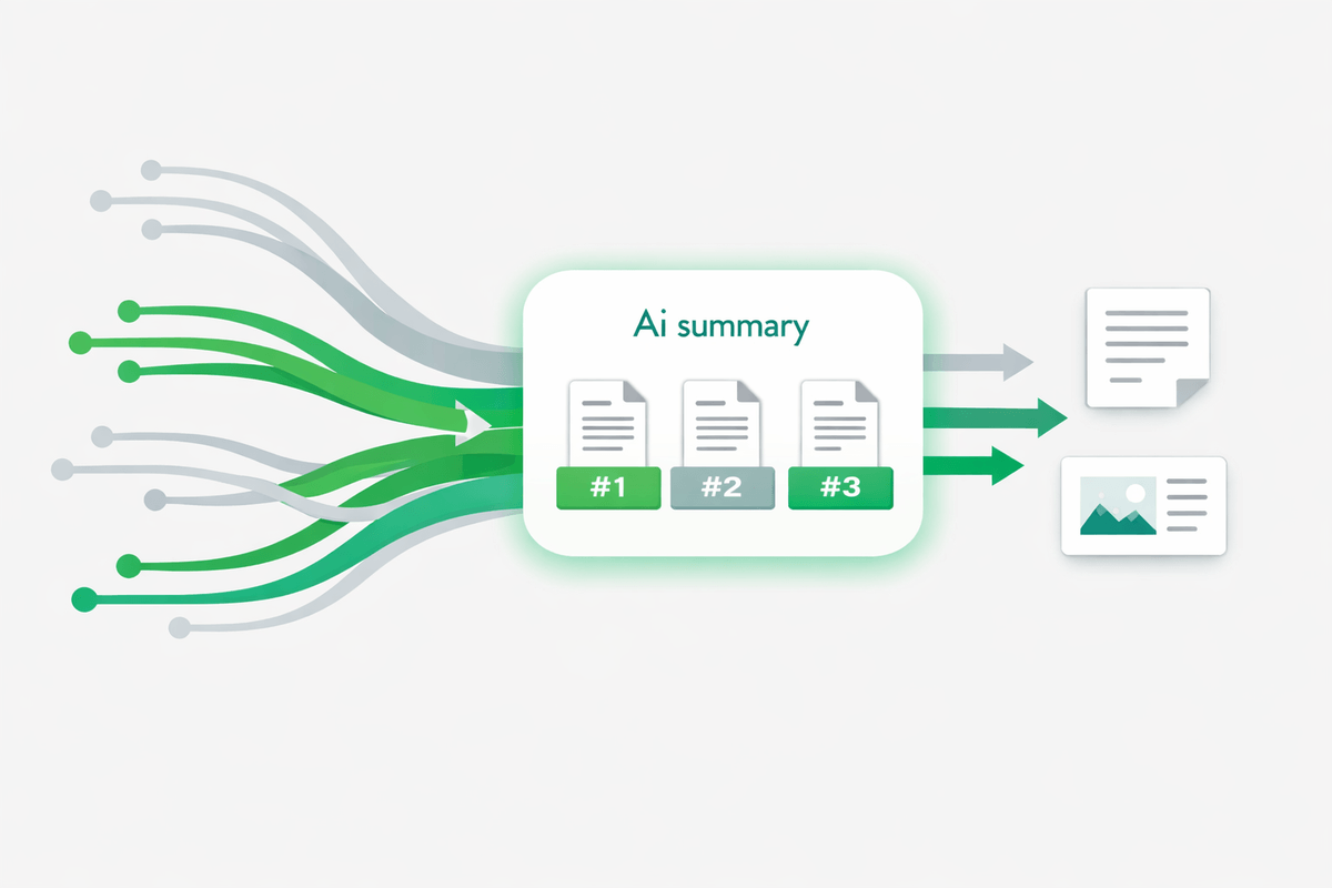 Abstract visualization of query categories flowing into an AI summary citing varied sources for google ai overviews optimizat
