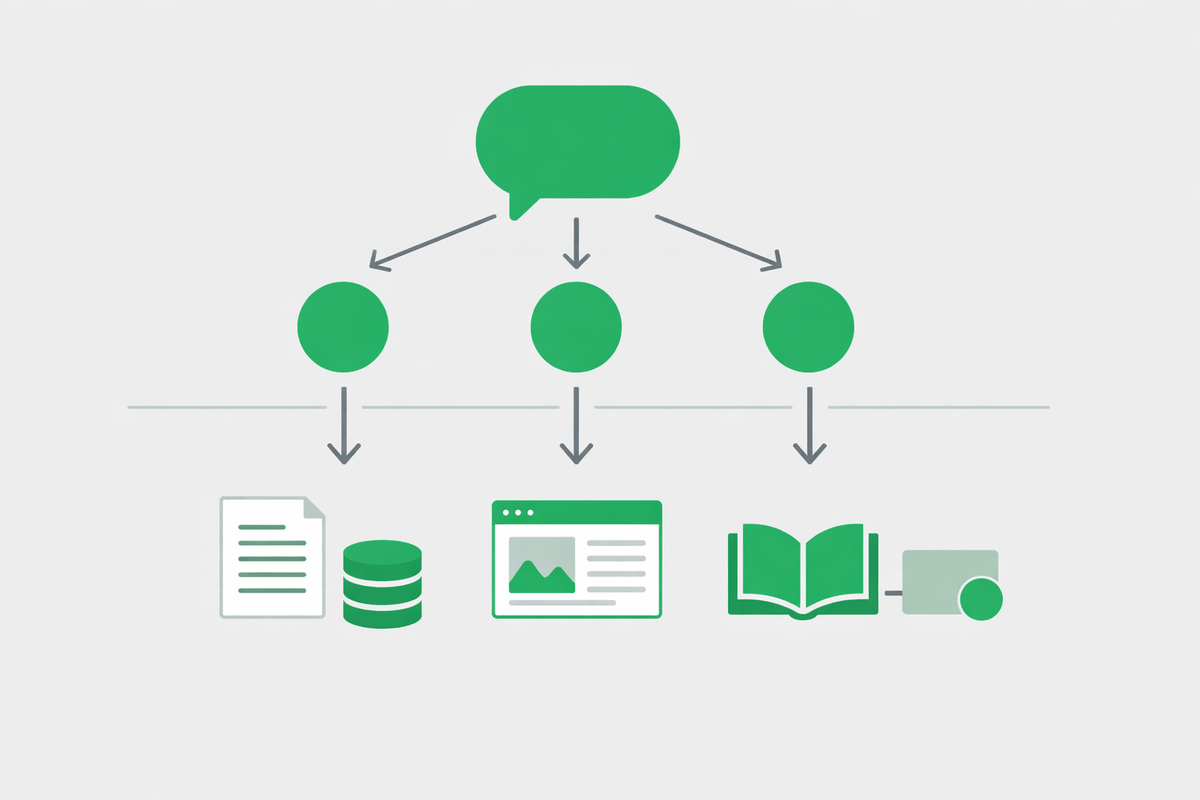 Editorial illustration of an AI splitting a user query into multiple smaller queries selecting citations for google ai overvi