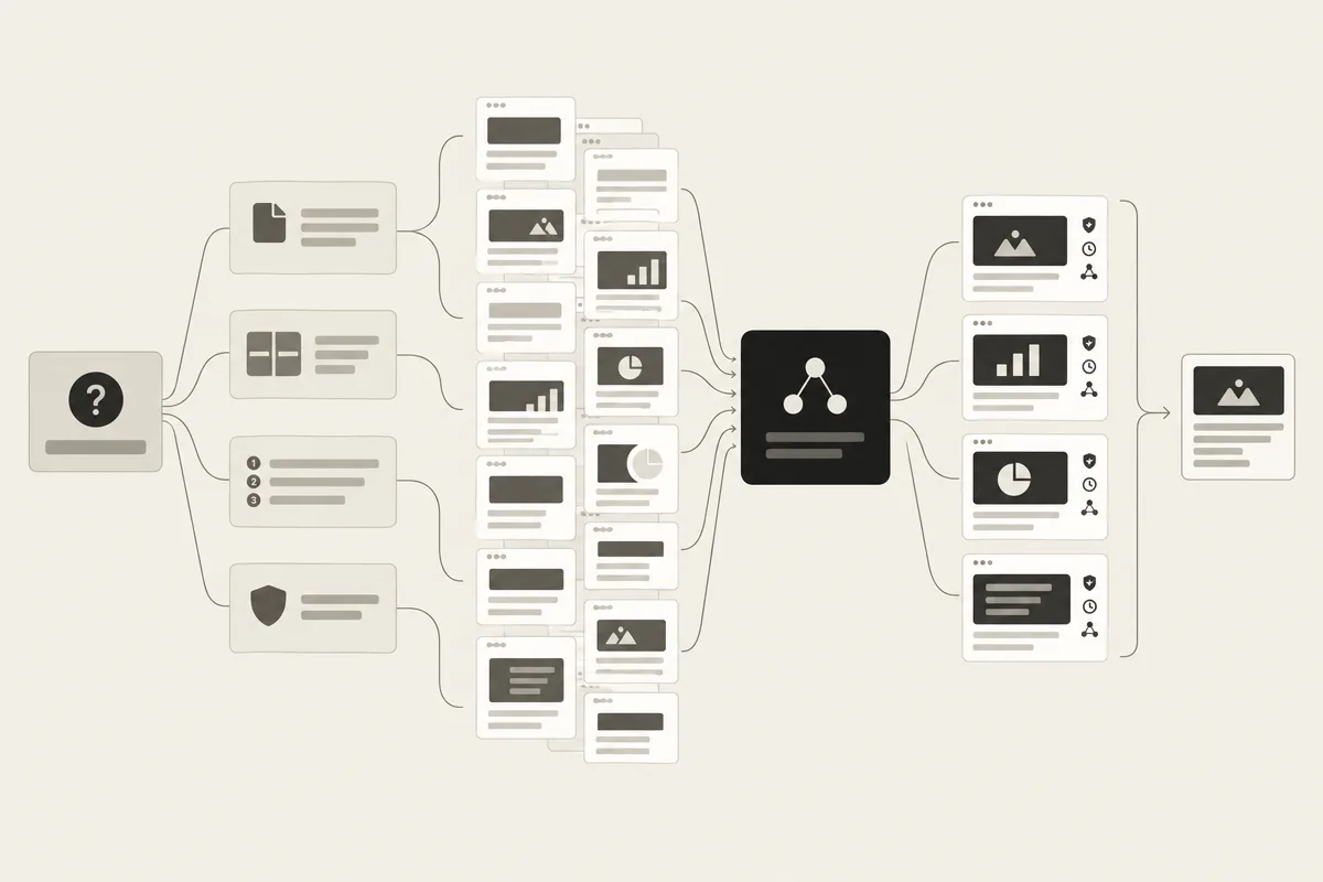 Diagramma del fan-out che mostra come un AI Overview seleziona poche fonti complete e affidabili