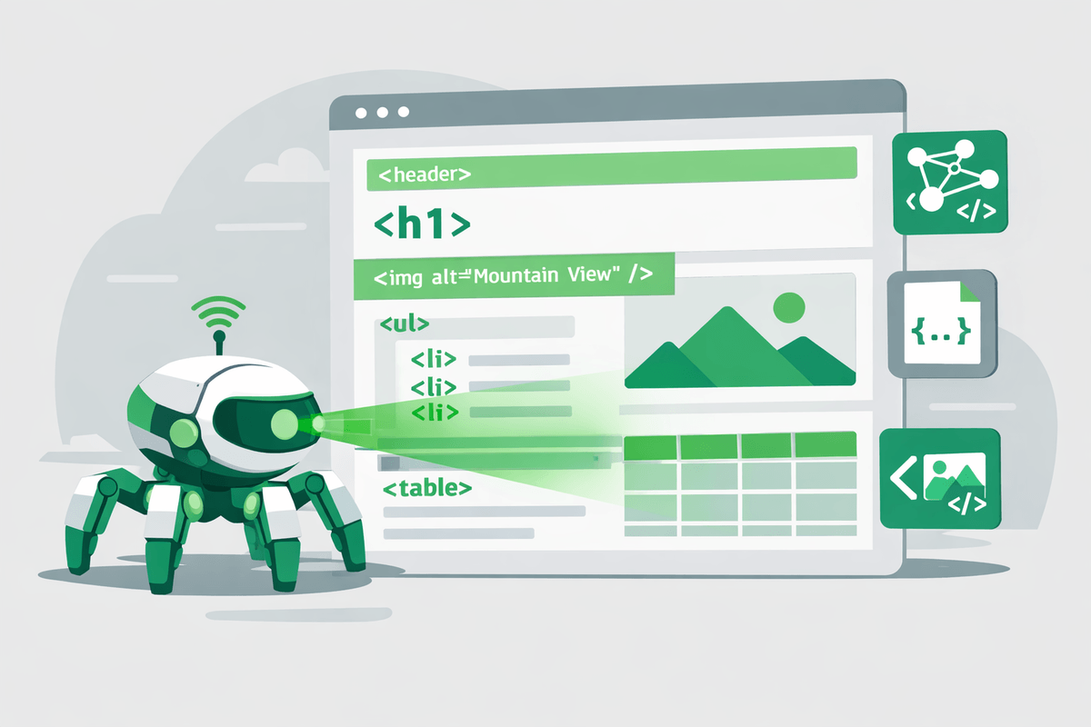 Illustration of a web crawler indexing a clean HTML page with schema tags for google ai overviews optimization