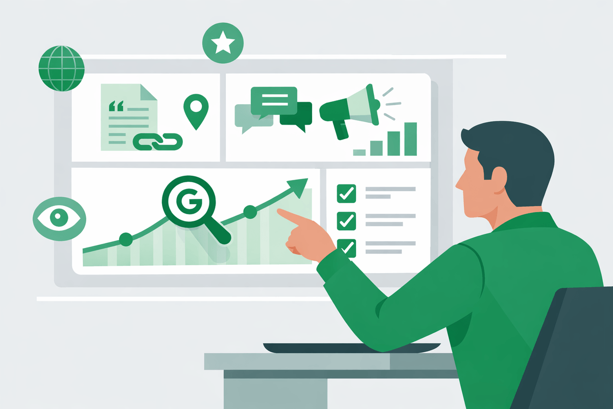 Editorial illustration of a marketer reviewing citations and mentions dashboard for google ai overviews optimization
