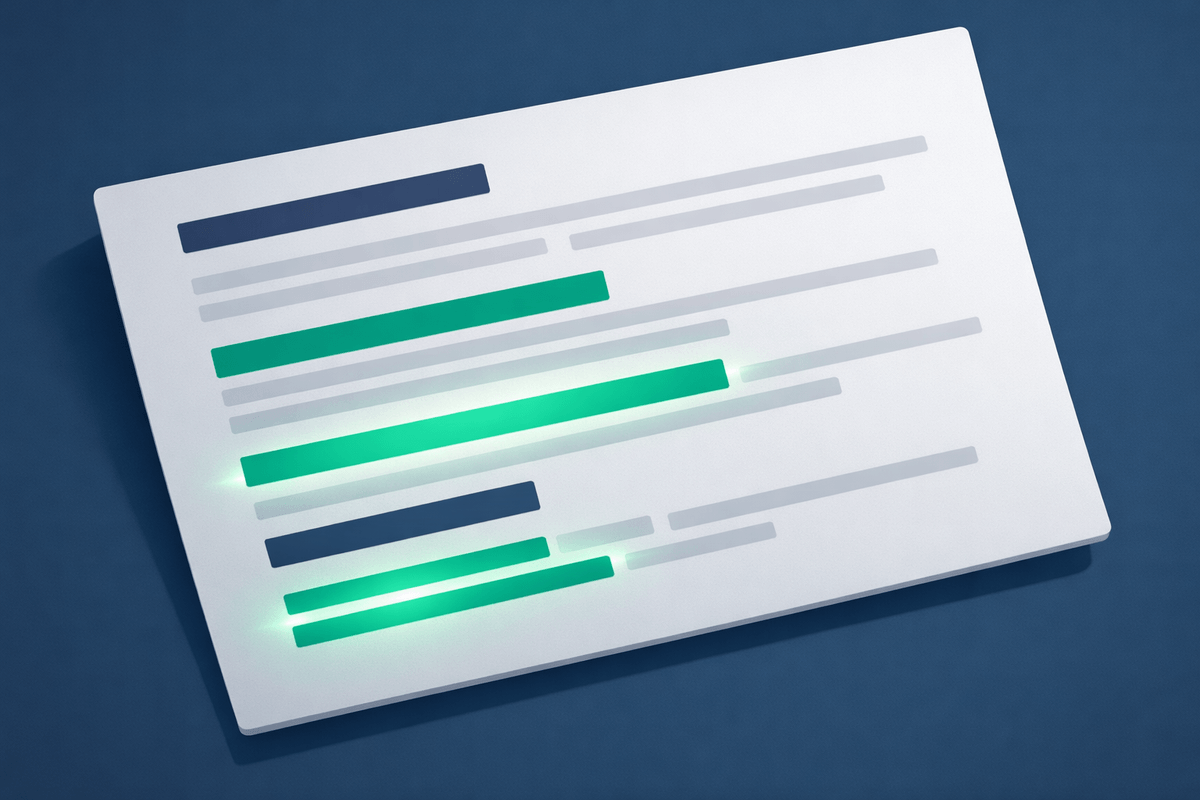 Illustrazione di una scheda riassuntiva AI che evidenzia definizioni chiave e frasi per il Core Update di Google di marzo 2026