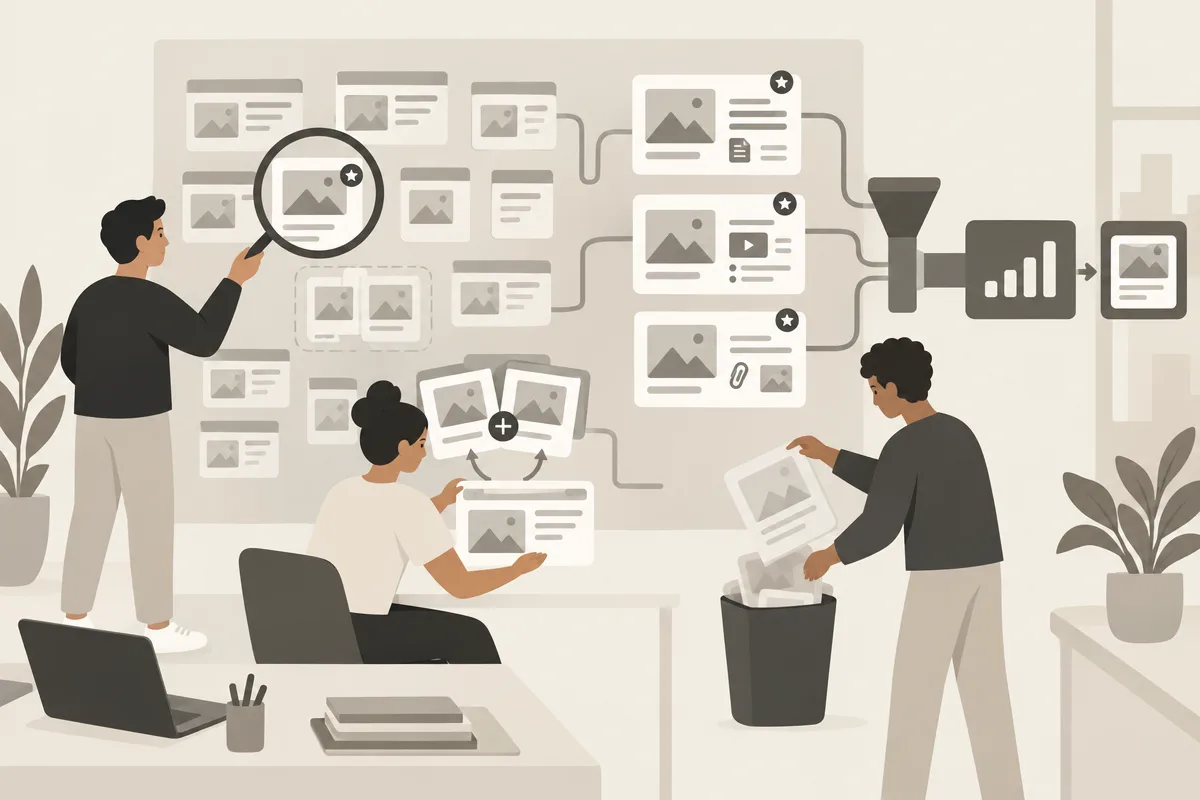 Un team SEO seleziona le pagine prioritarie, unisce i duplicati e arricchisce i contenuti dopo un calo.